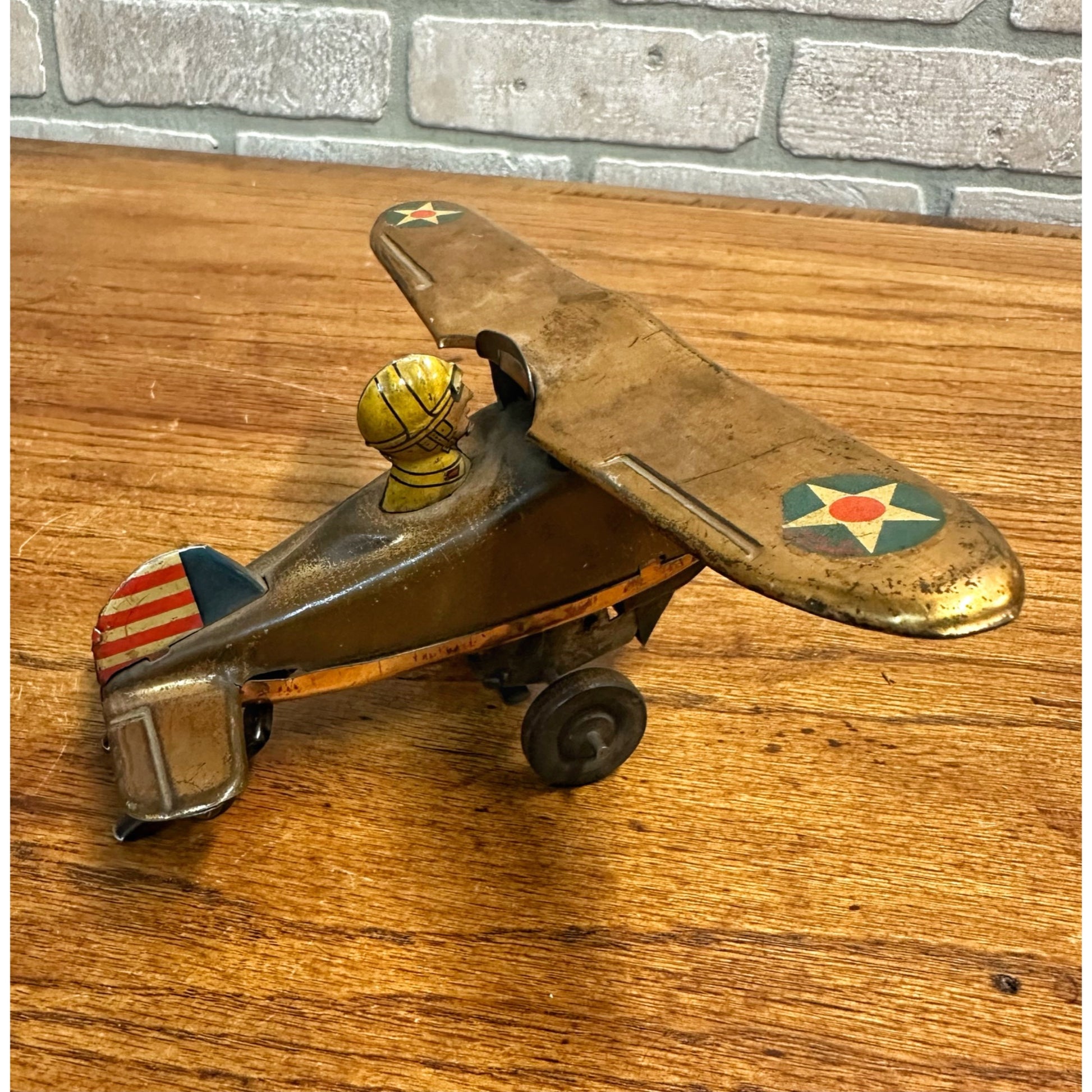 Vintage 1940s Marx USAF Air Force Tin Litho Windup Toy Airplane Rollover - Works