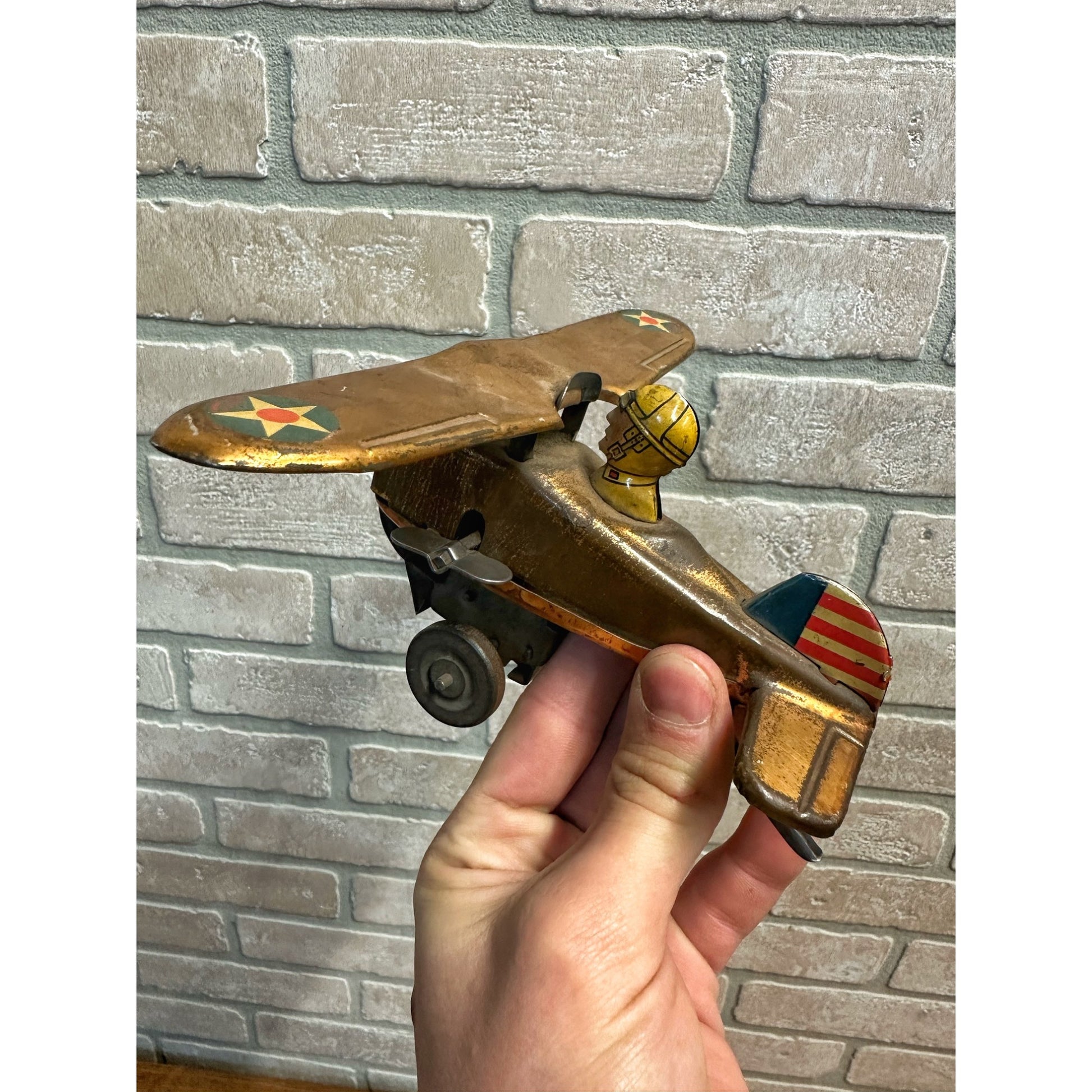 Vintage 1940s Marx USAF Air Force Tin Litho Windup Toy Airplane Rollover - Works