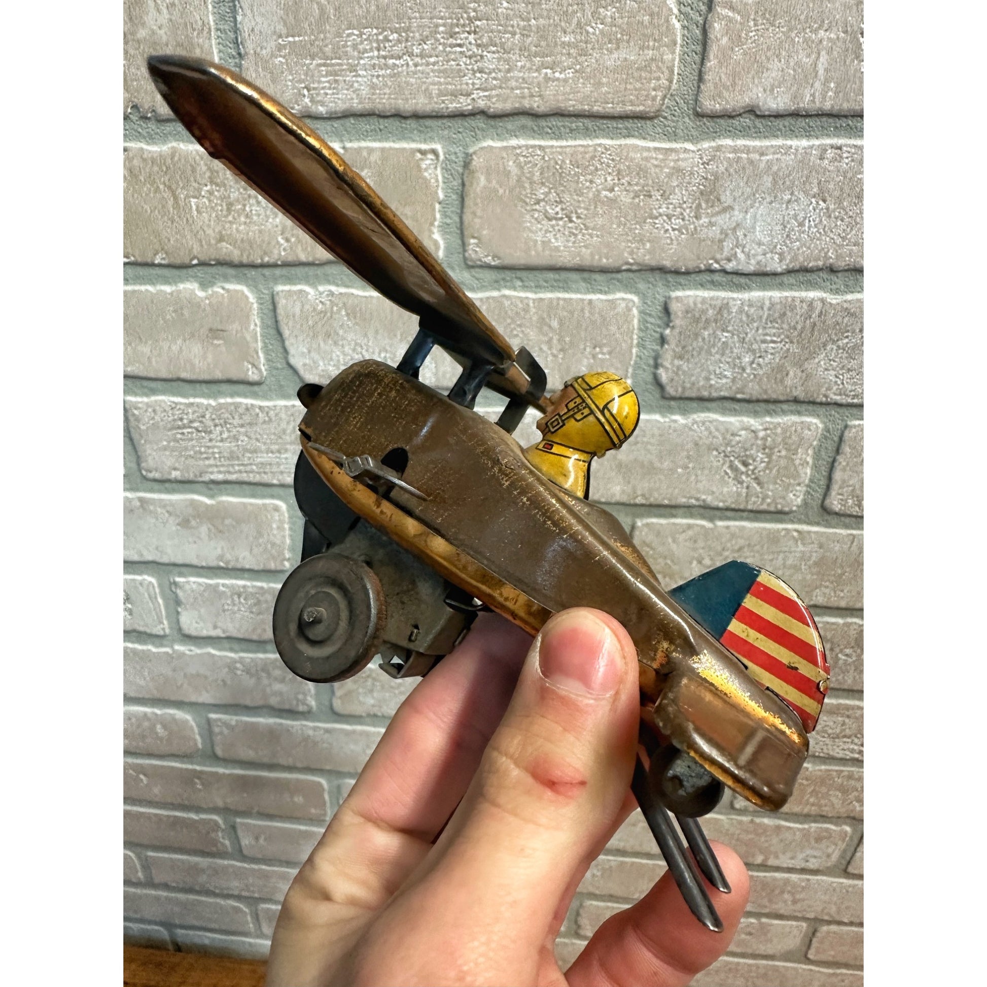 Vintage 1940s Marx USAF Air Force Tin Litho Windup Toy Airplane Rollover - Works