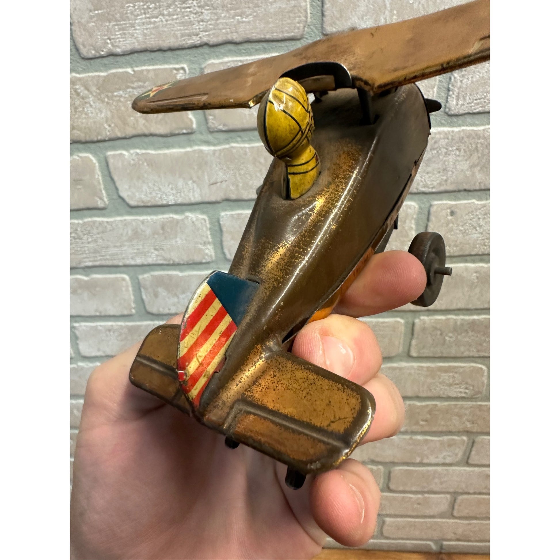 Vintage 1940s Marx USAF Air Force Tin Litho Windup Toy Airplane Rollover - Works