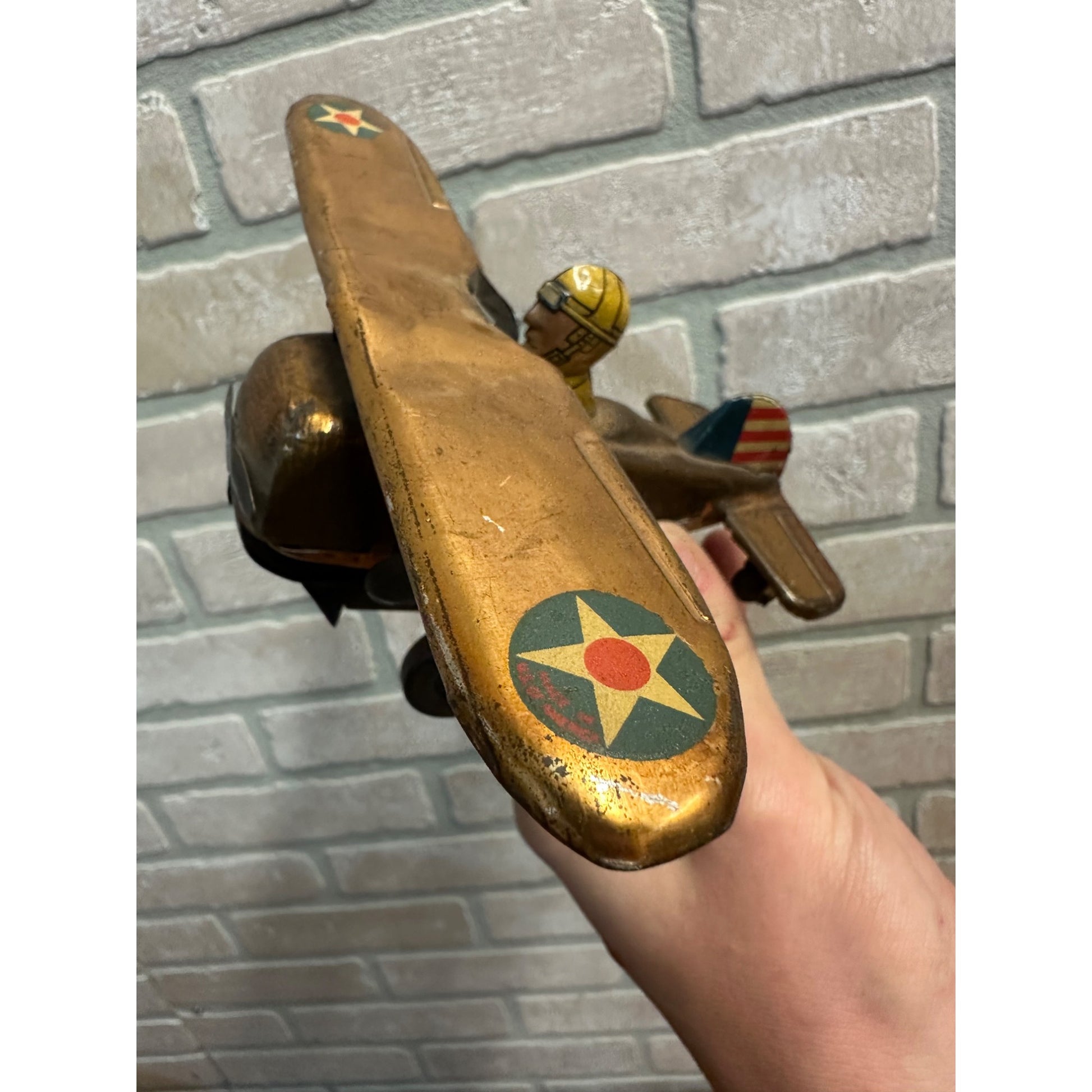 Vintage 1940s Marx USAF Air Force Tin Litho Windup Toy Airplane Rollover - Works