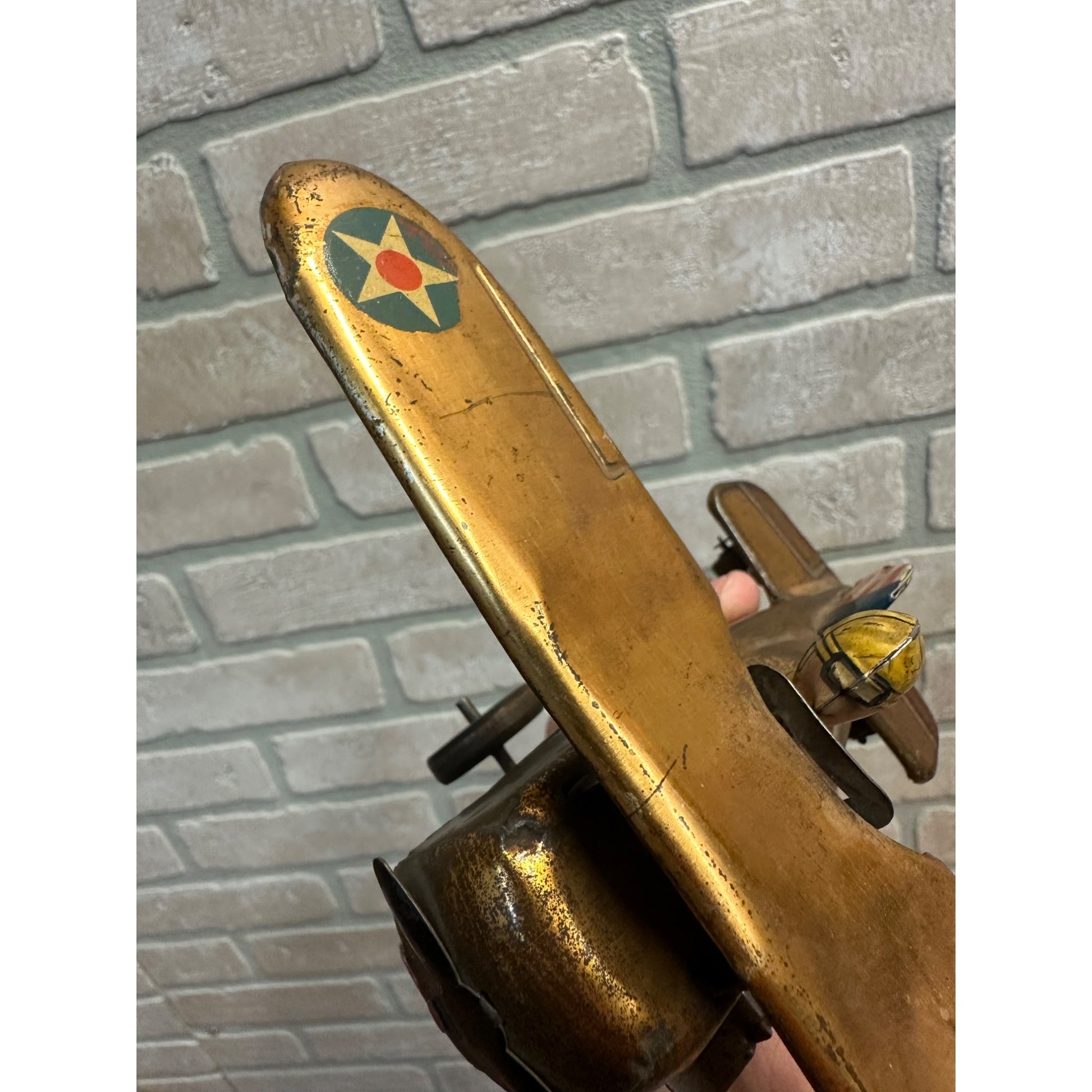 Vintage 1940s Marx USAF Air Force Tin Litho Windup Toy Airplane Rollover - Works