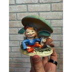 Vintage Ceramic Japan Planter Figurine Happy Elf Pixie Gnome Under Mushrooms