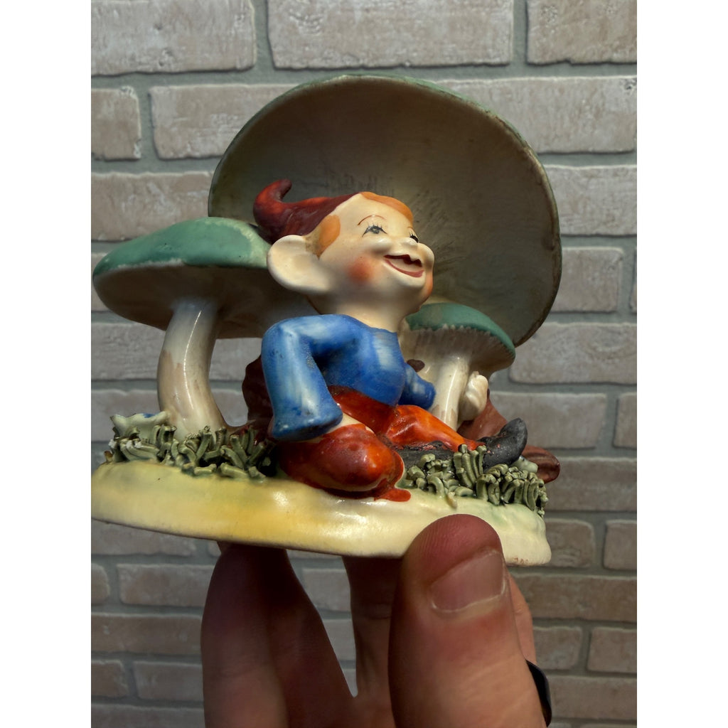 Vintage Ceramic Japan Planter Figurine Happy Elf Pixie Gnome Under Mushrooms