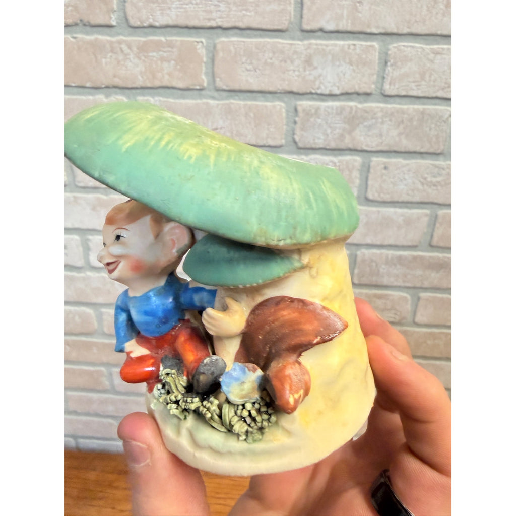 Vintage Ceramic Japan Planter Figurine Happy Elf Pixie Gnome Under Mushrooms