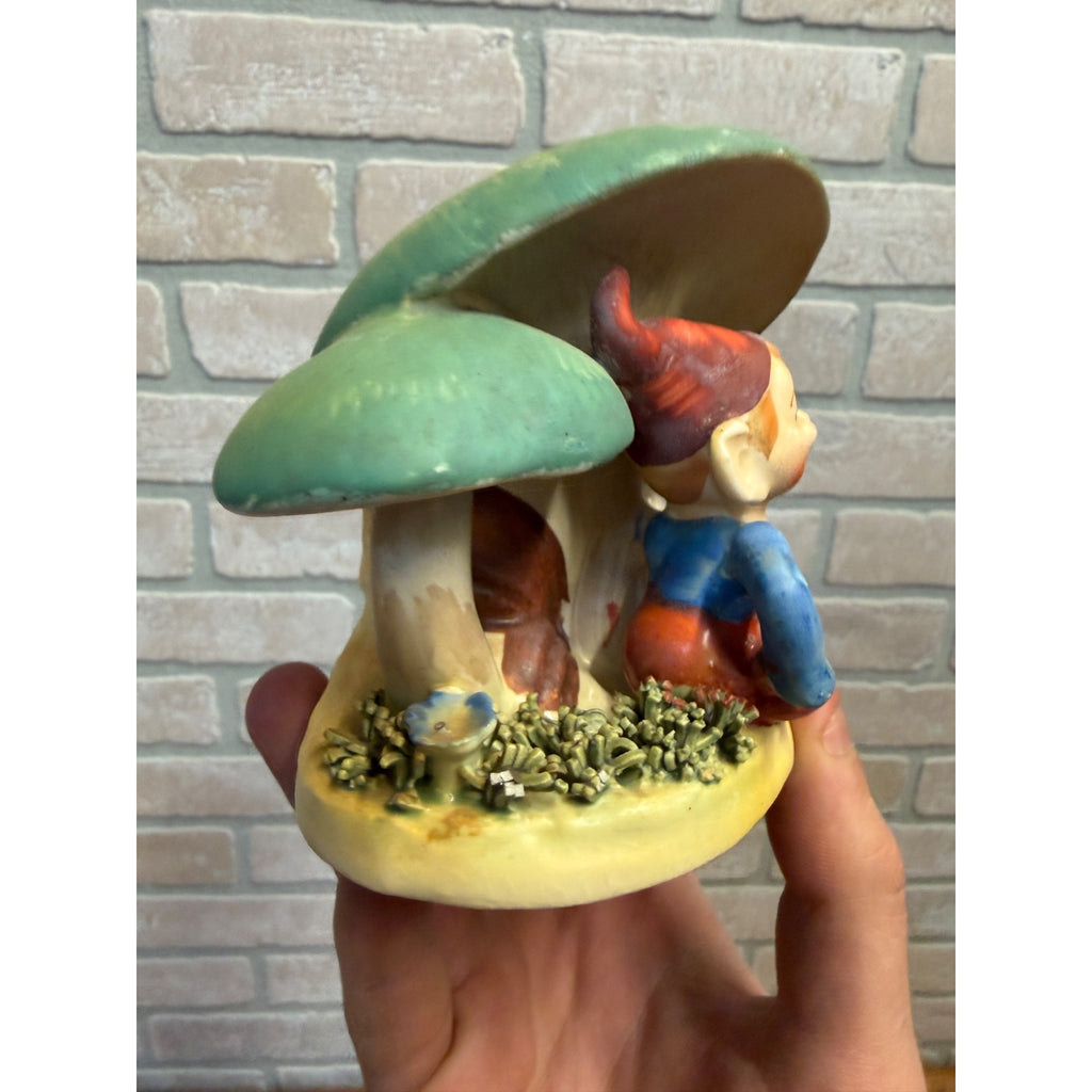 Vintage Ceramic Japan Planter Figurine Happy Elf Pixie Gnome Under Mushrooms