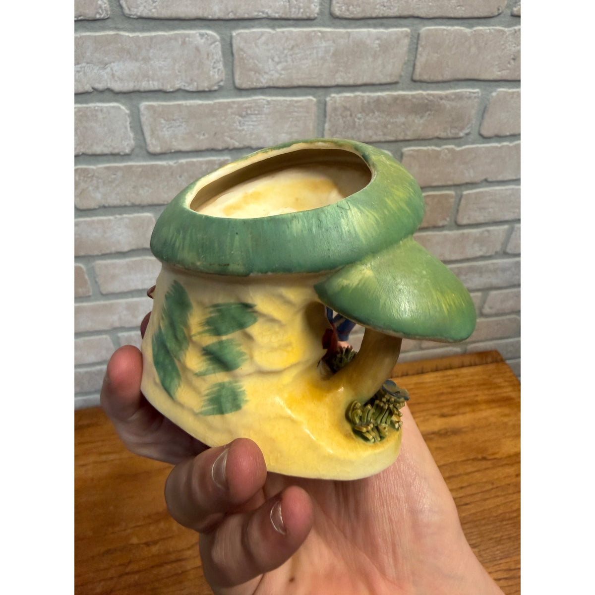 Vintage Ceramic Japan Planter Figurine Happy Elf Pixie Gnome Under Mushrooms
