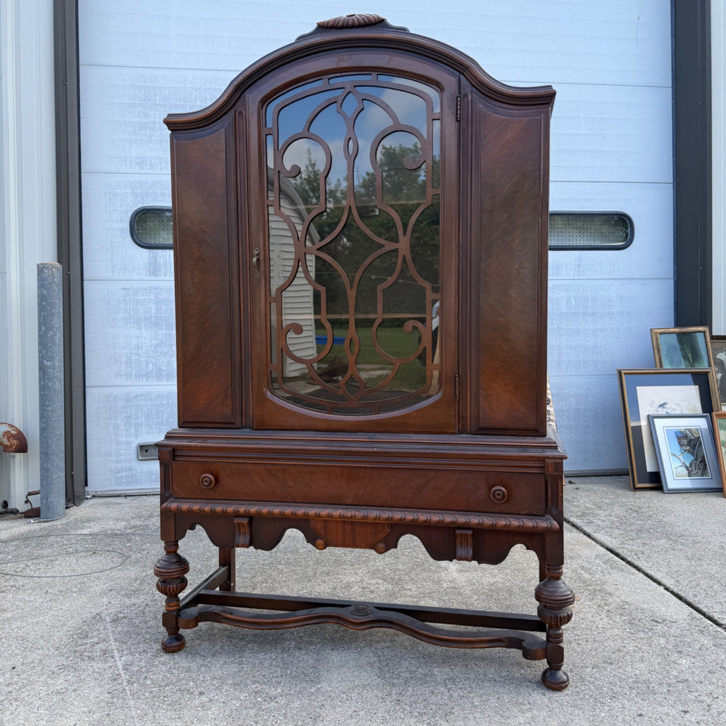 Vintage 1930s Art Deco Kitchen Curio China Cabinet Hutch Jacobean Tudor Antique Glass Display