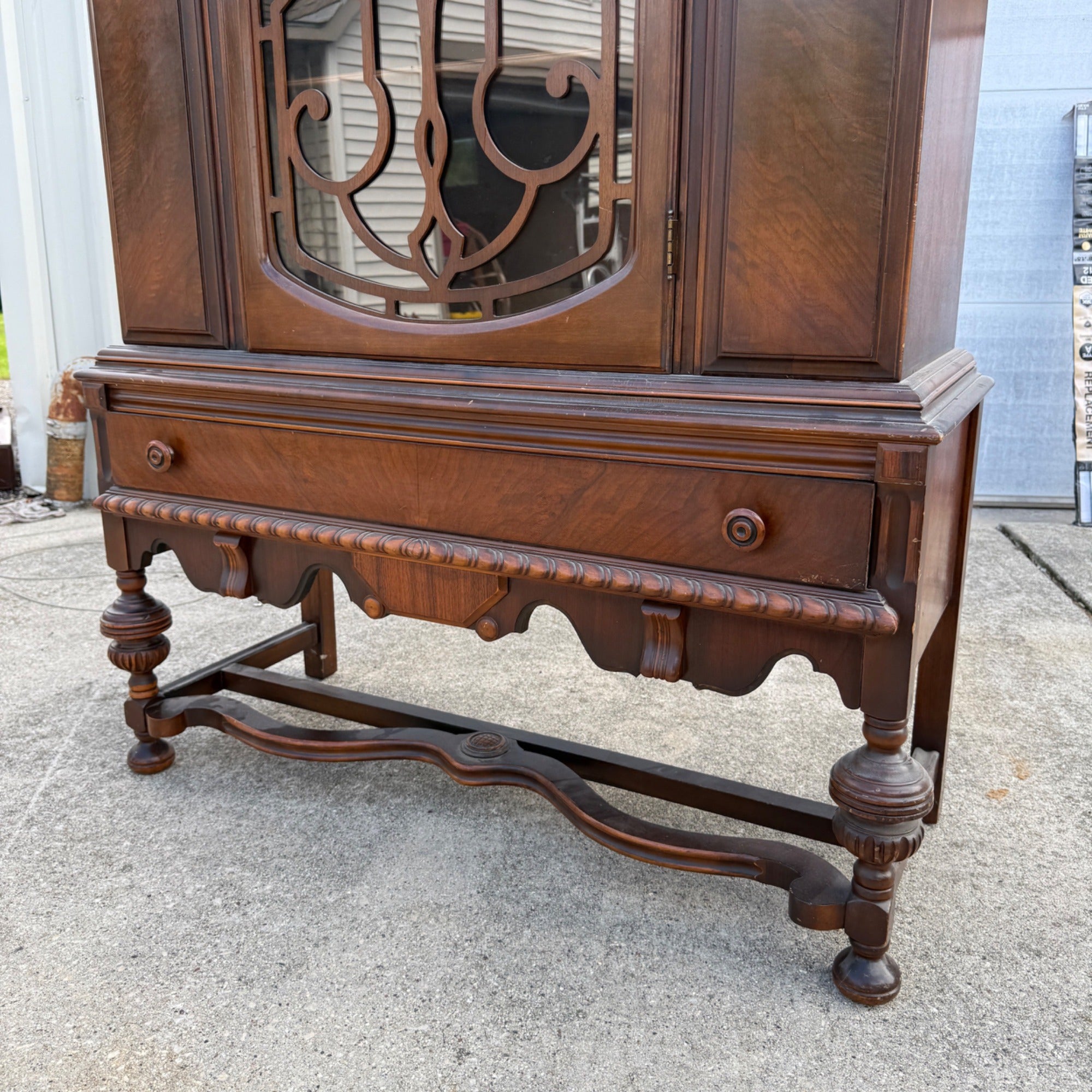 Vintage 1930s Art Deco Kitchen Curio China Cabinet Hutch Jacobean Tudor Antique Glass Display