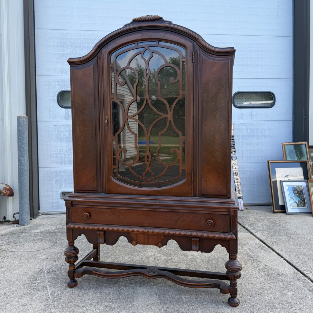 Vintage 1930s Art Deco Kitchen Curio China Cabinet Hutch Jacobean Tudor Antique Glass Display
