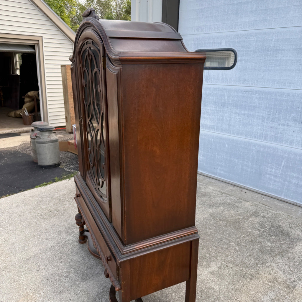Vintage 1930s Art Deco Kitchen Curio China Cabinet Hutch Jacobean Tudor Antique Glass Display