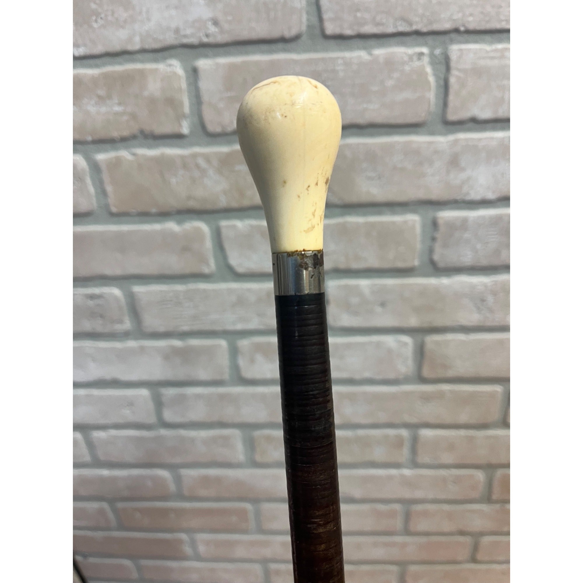 Antique 19th c. Stacked Leather Ring Walking Cane Swagger Stick 34" -  1890s