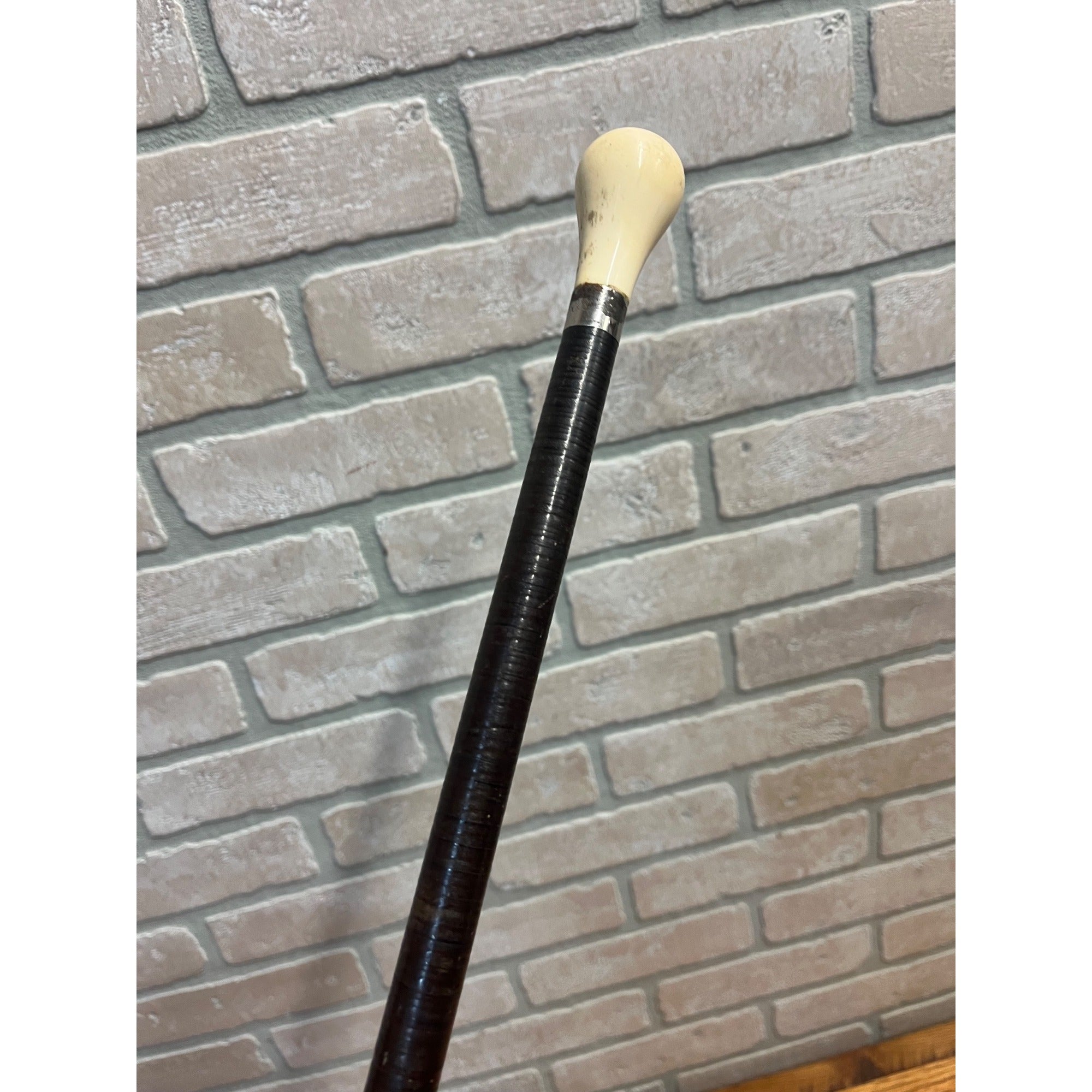 Antique 19th c. Stacked Leather Ring Walking Cane Swagger Stick 34" -  1890s