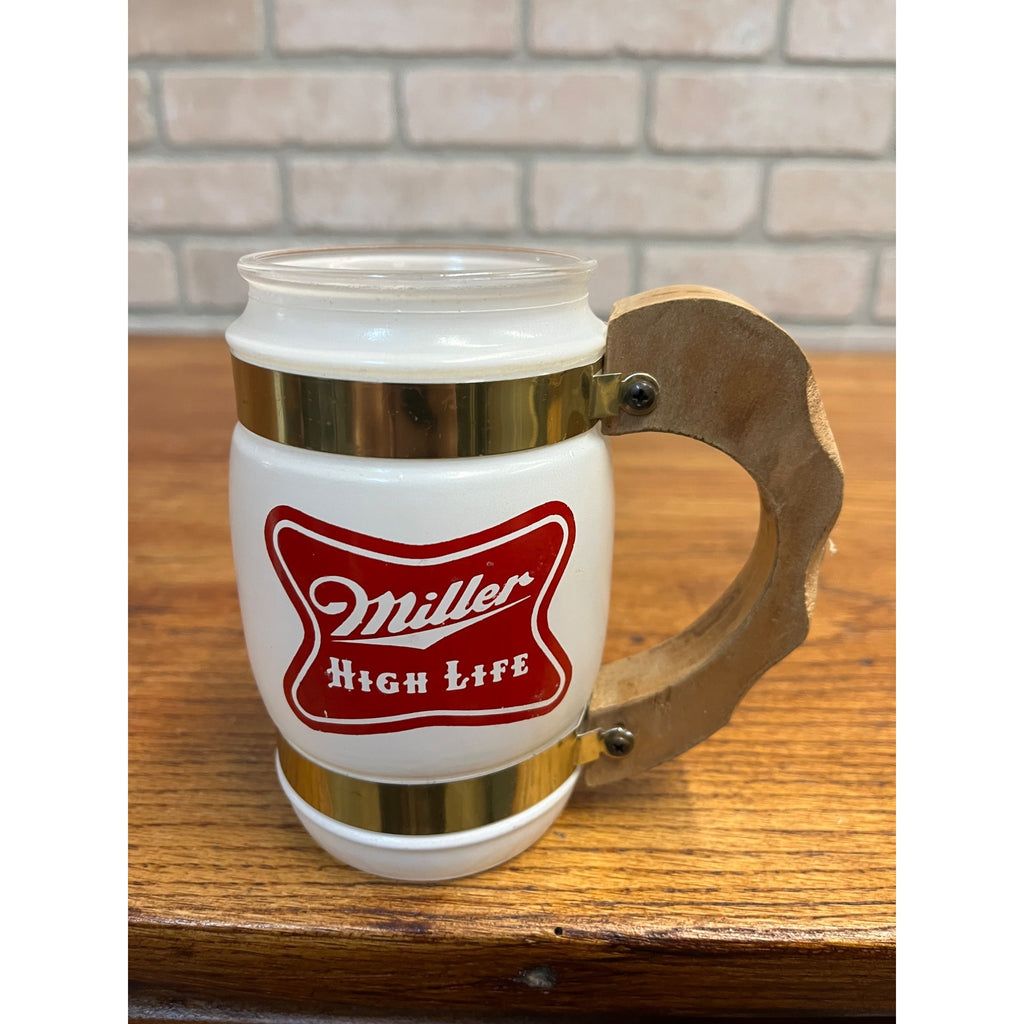 Vintage 1960s Miller High Life Beer Glass Mug Wood Handle Siesta Ware Stein