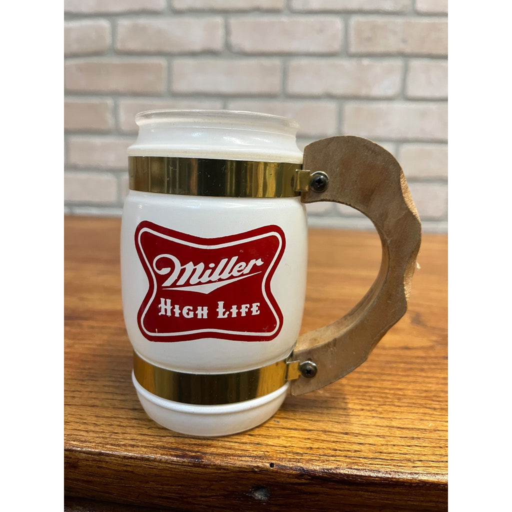 Vintage 1960s Miller High Life Beer Glass Mug Wood Handle Siesta Ware Stein