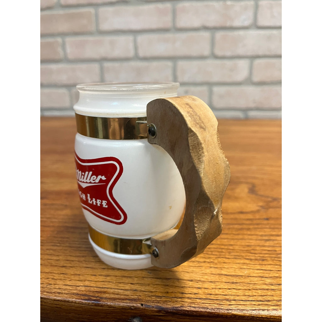 Vintage 1960s Miller High Life Beer Glass Mug Wood Handle Siesta Ware Stein