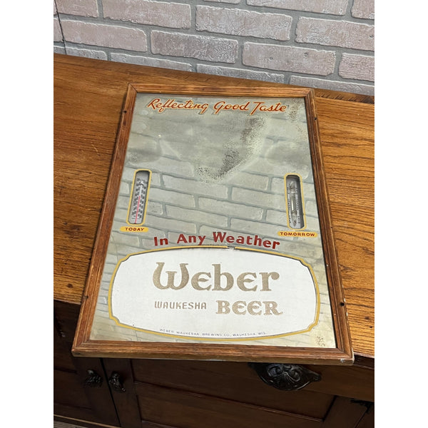 Vintage Weber Waukesha Beer Mirror Advertising Bar Sign Thermometer Weather Gauge