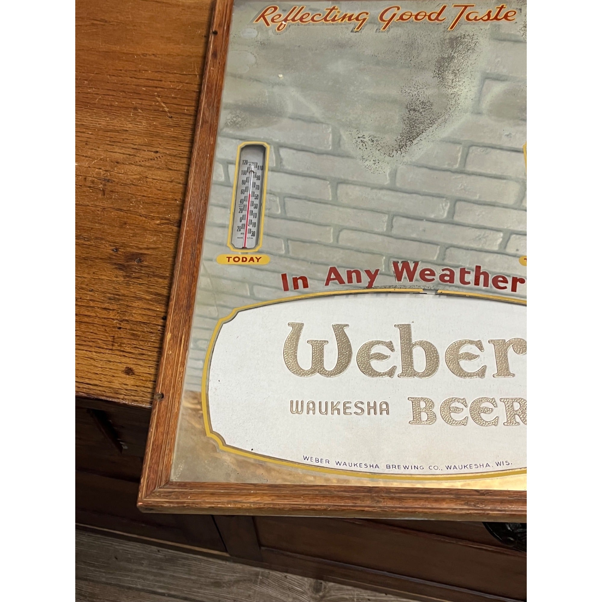 Vintage Weber Waukesha Beer Mirror Advertising Bar Sign Thermometer Weather Gauge