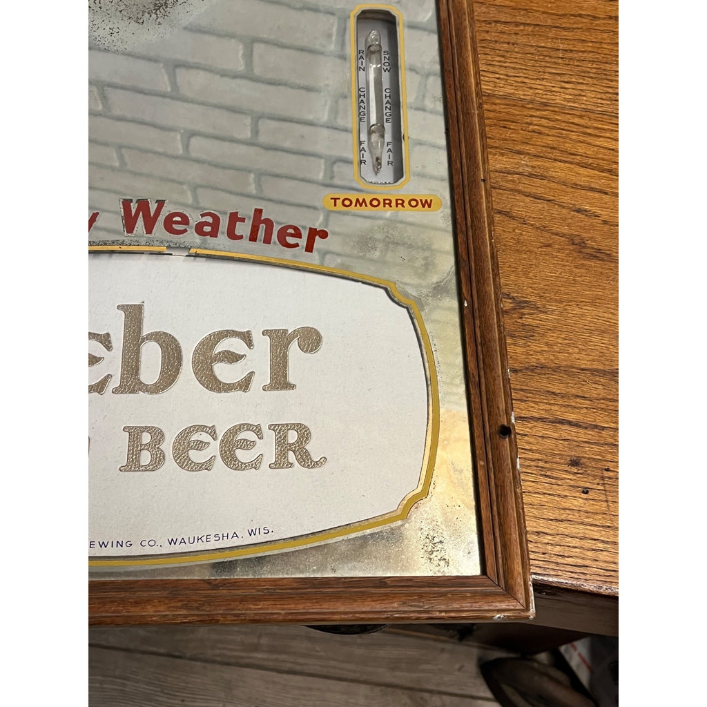 Vintage Weber Waukesha Beer Mirror Advertising Bar Sign Thermometer Weather Gauge