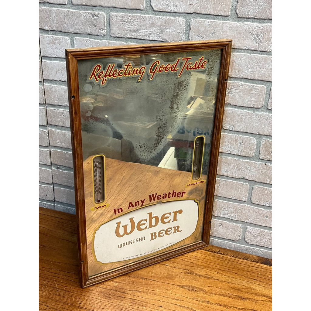 Vintage Weber Waukesha Beer Mirror Advertising Bar Sign Thermometer Weather Gauge