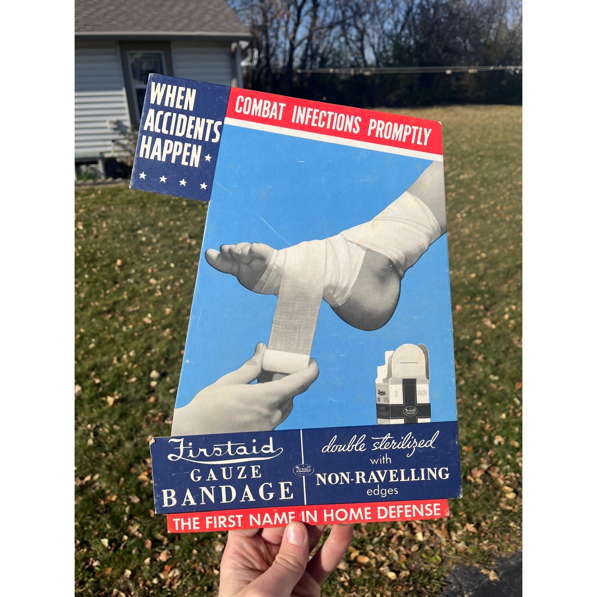 Vintage FirstAid Medical Bandage Cardboard Advertising Easel Sign Store Display