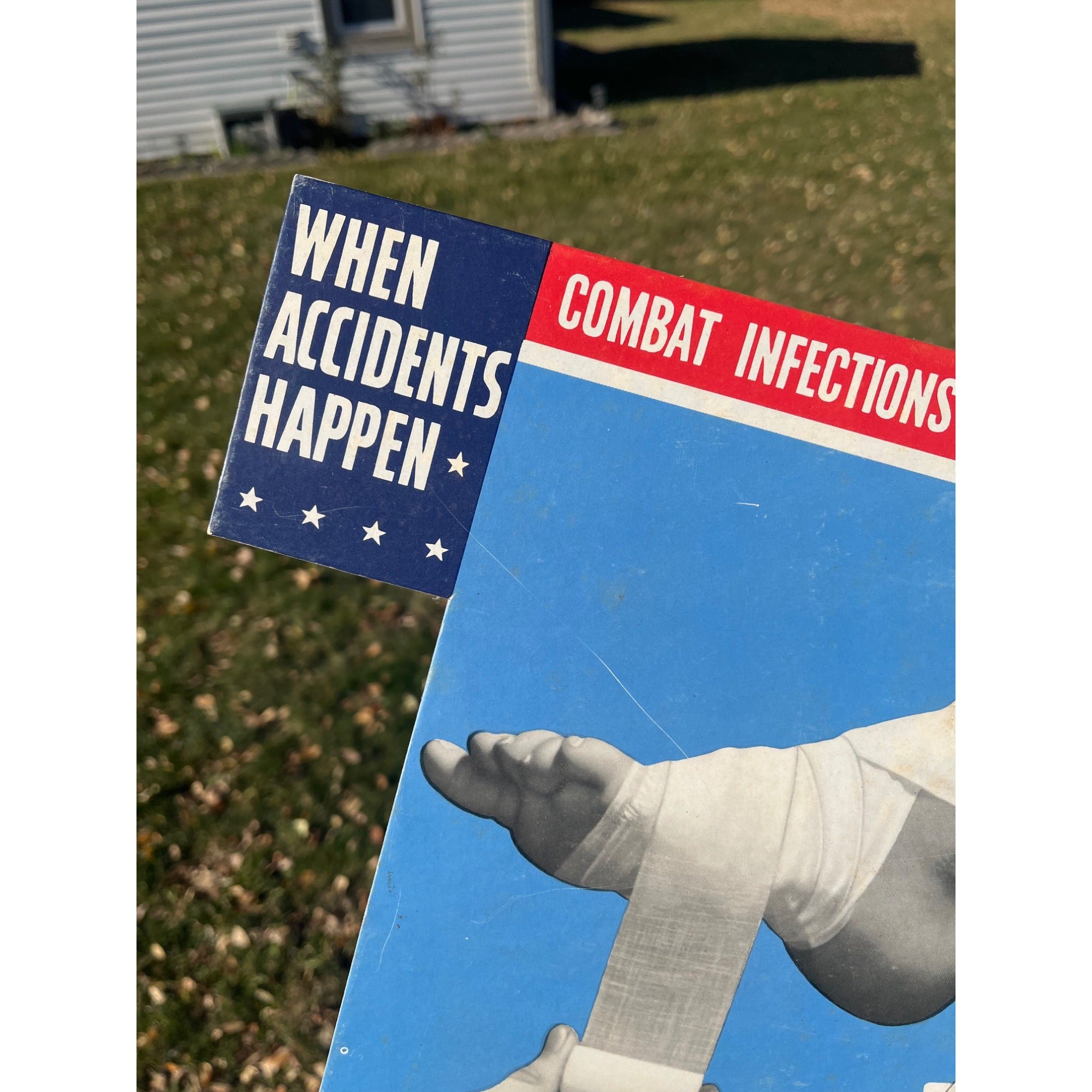 Vintage FirstAid Medical Bandage Cardboard Advertising Easel Sign Store Display