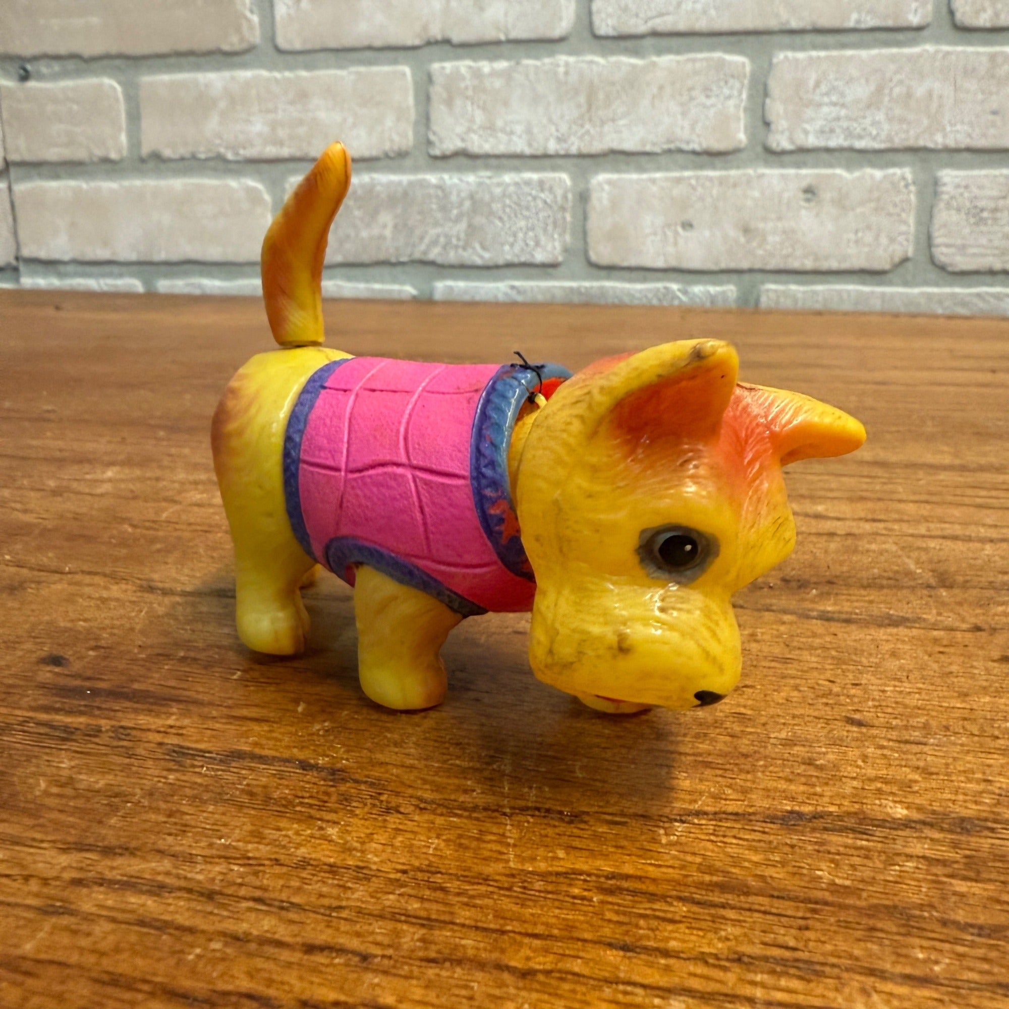 Vintage 1940s Japan Windup Celluloid Dog Nodder Terrier Pink Vest 4.5"