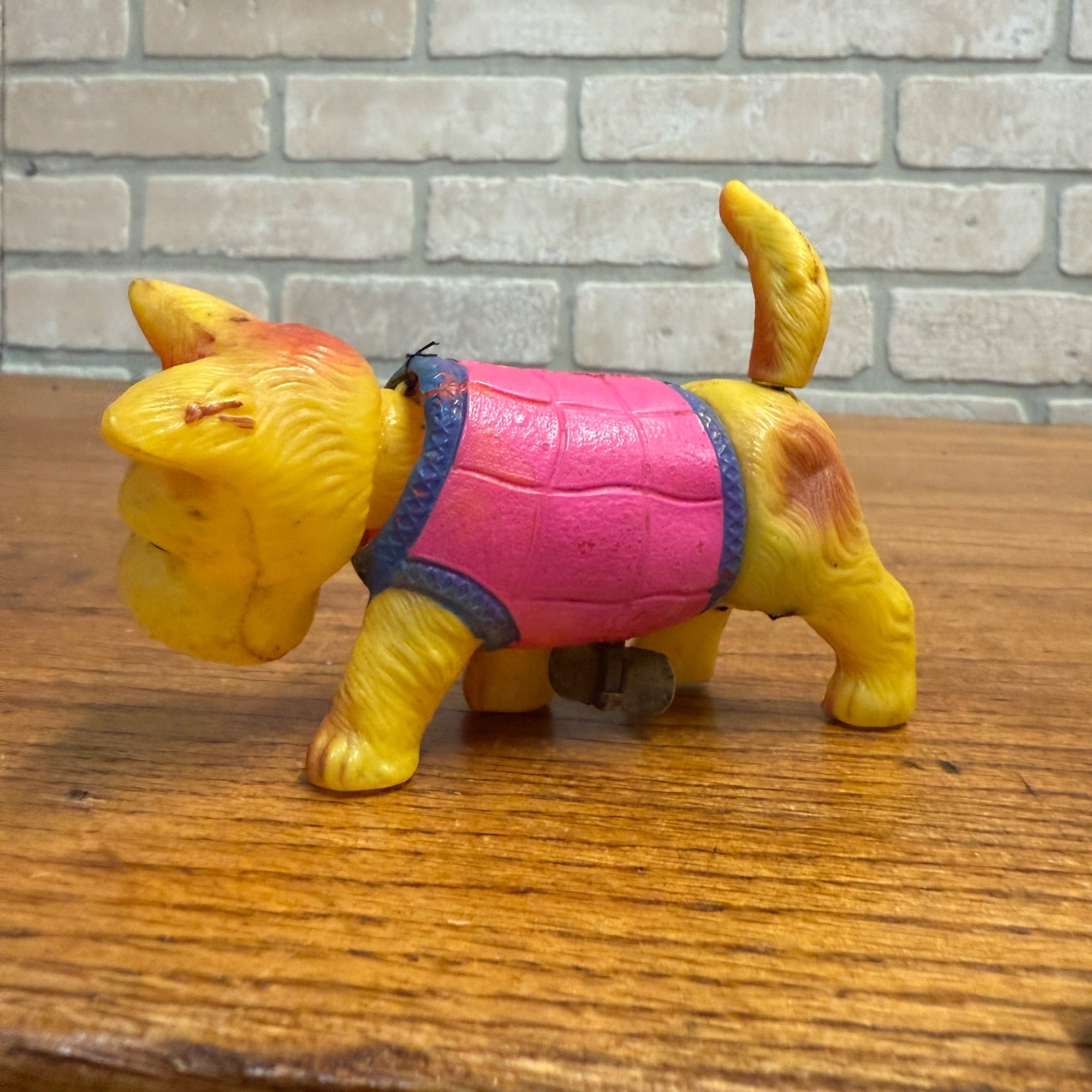 Vintage 1940s Japan Windup Celluloid Dog Nodder Terrier Pink Vest 4.5"