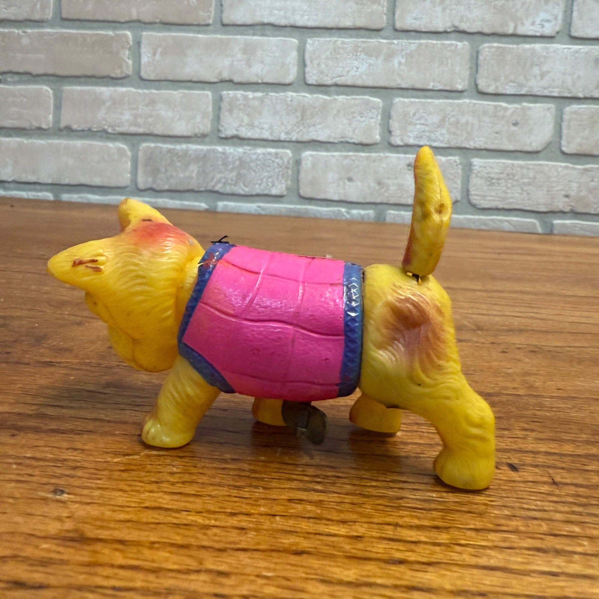 Vintage 1940s Japan Windup Celluloid Dog Nodder Terrier Pink Vest 4.5"