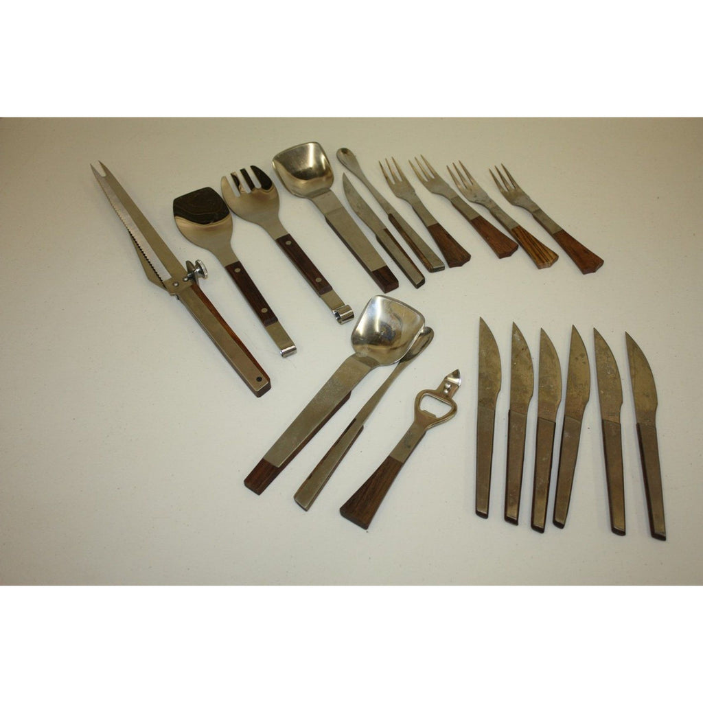 Lot of Vintage MCM Stainless Steel Barware and Serving Utensils, Wooden Handles