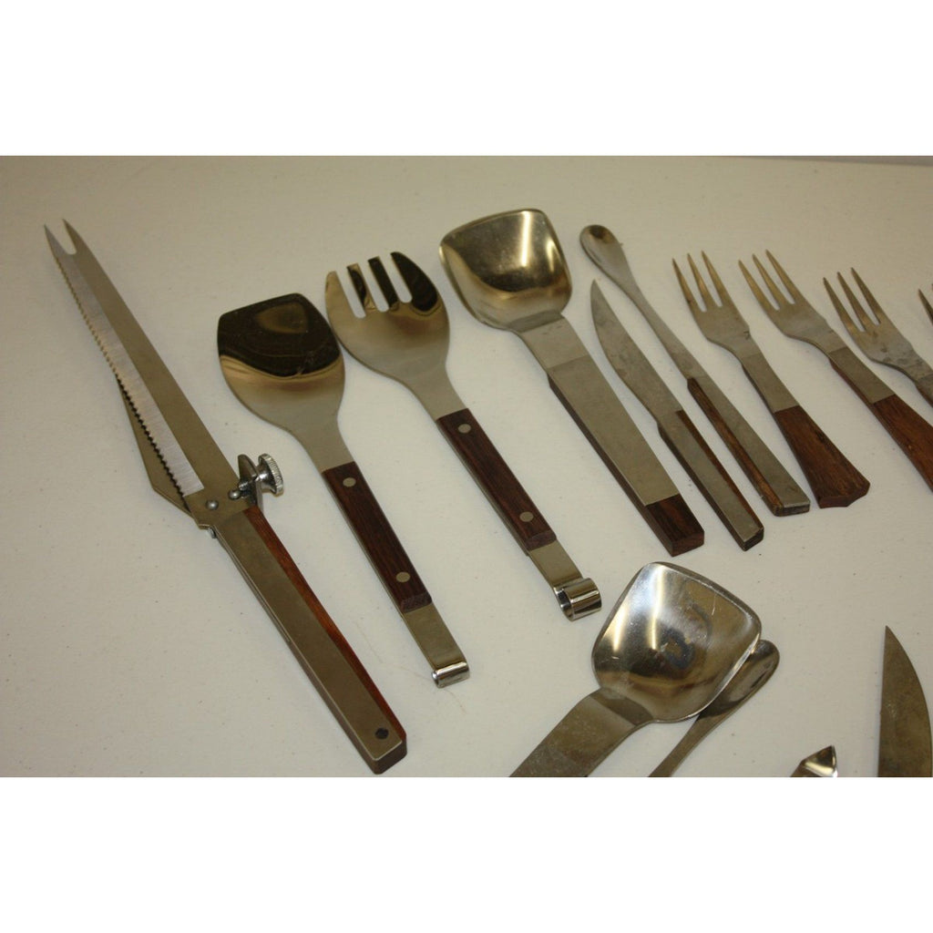 Lot of Vintage MCM Stainless Steel Barware and Serving Utensils, Wooden Handles
