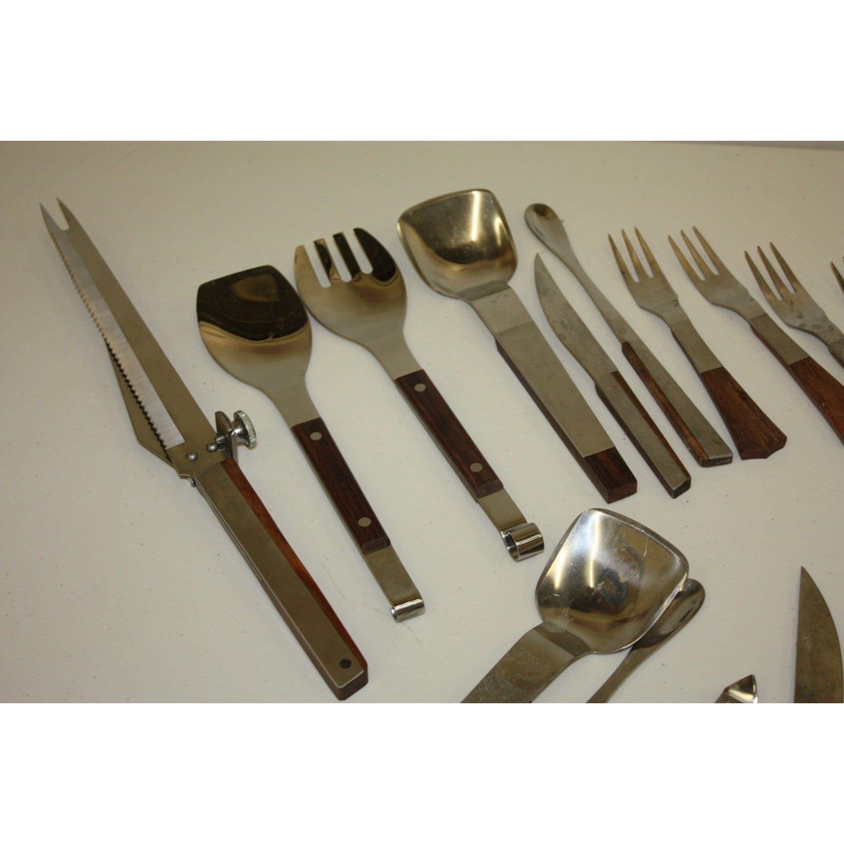 Lot of Vintage MCM Stainless Steel Barware and Serving Utensils, Wooden Handles