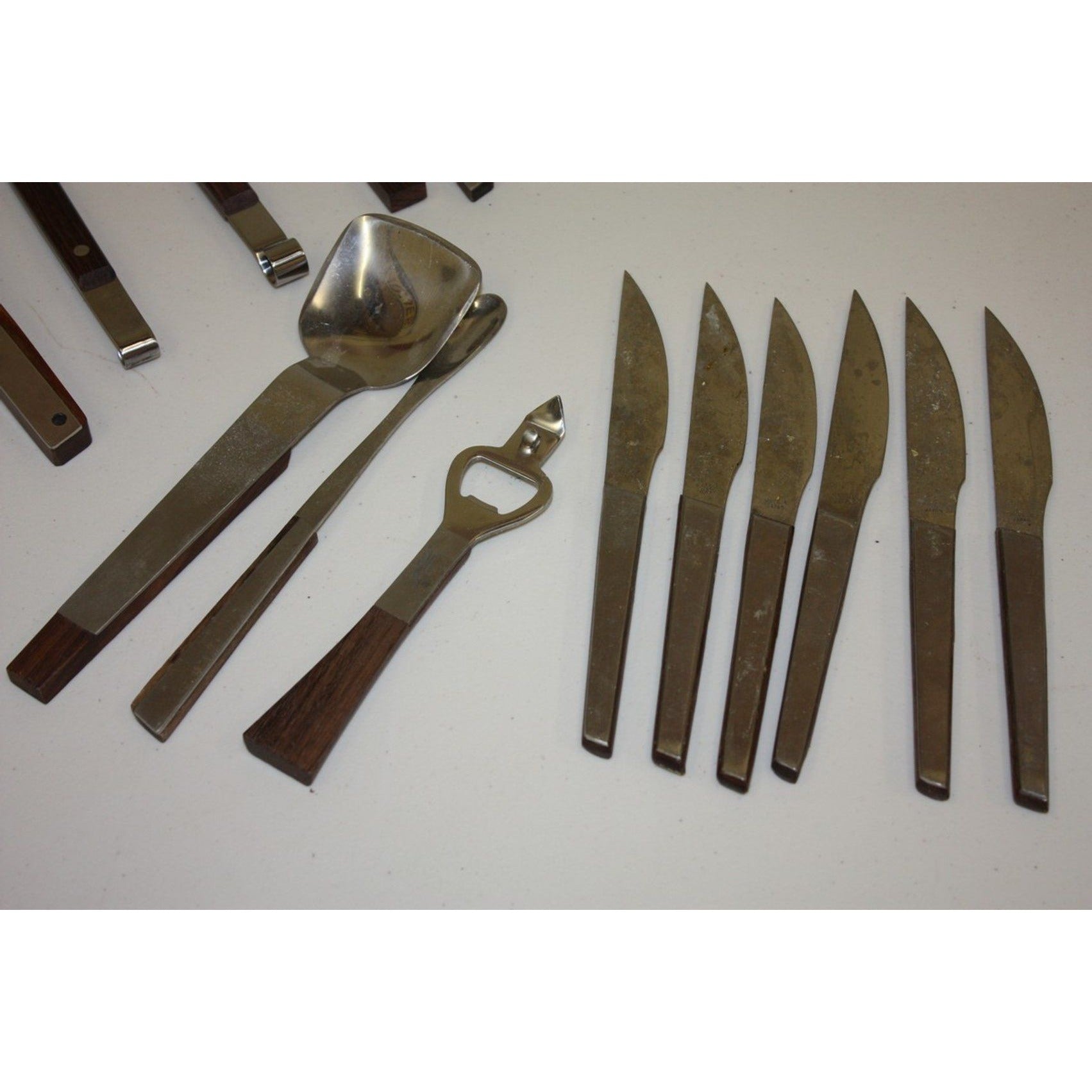 Lot of Vintage MCM Stainless Steel Barware and Serving Utensils, Wooden Handles