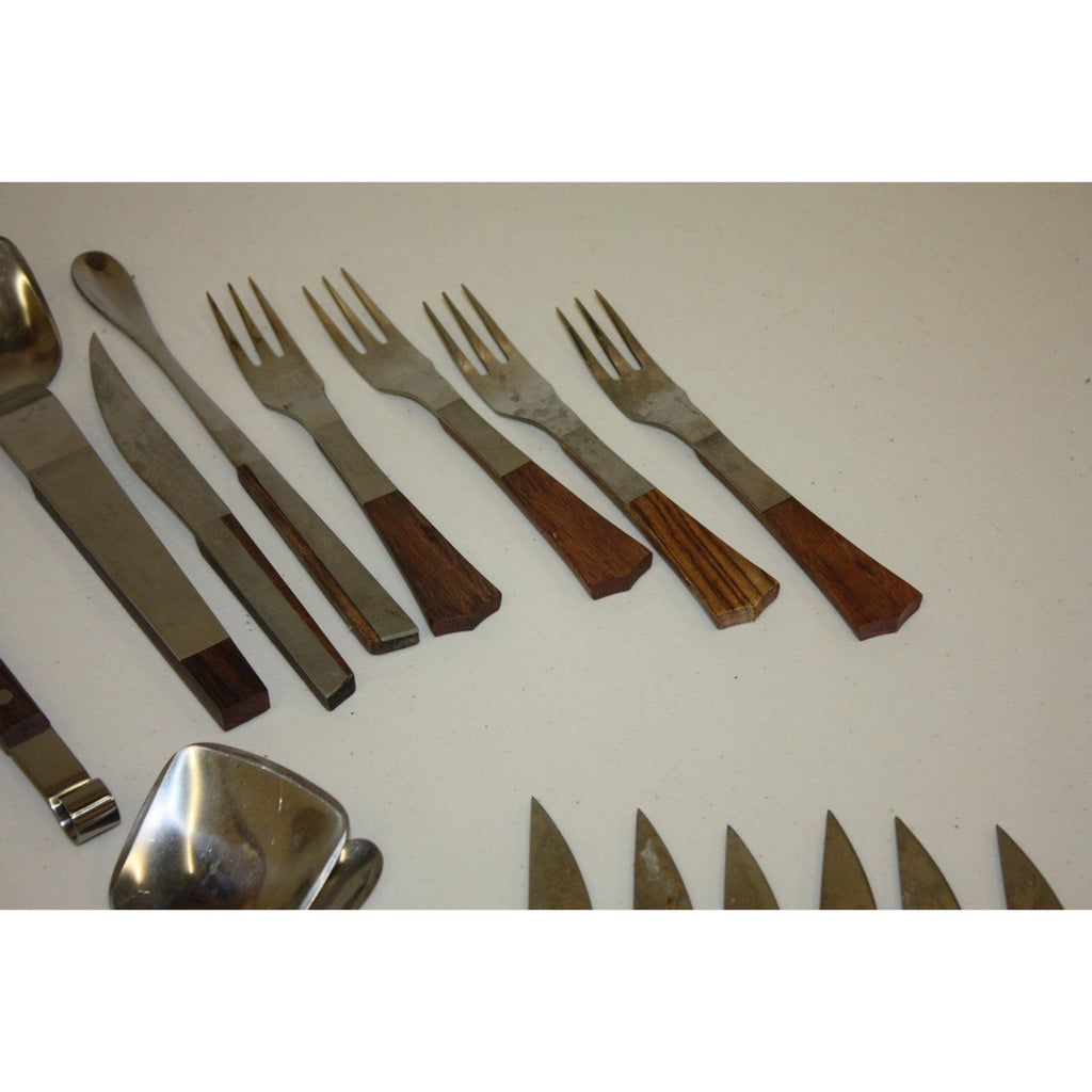Lot of Vintage MCM Stainless Steel Barware and Serving Utensils, Wooden Handles
