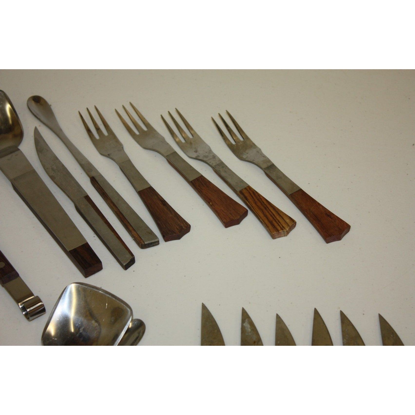 Lot of Vintage MCM Stainless Steel Barware and Serving Utensils, Wooden Handles