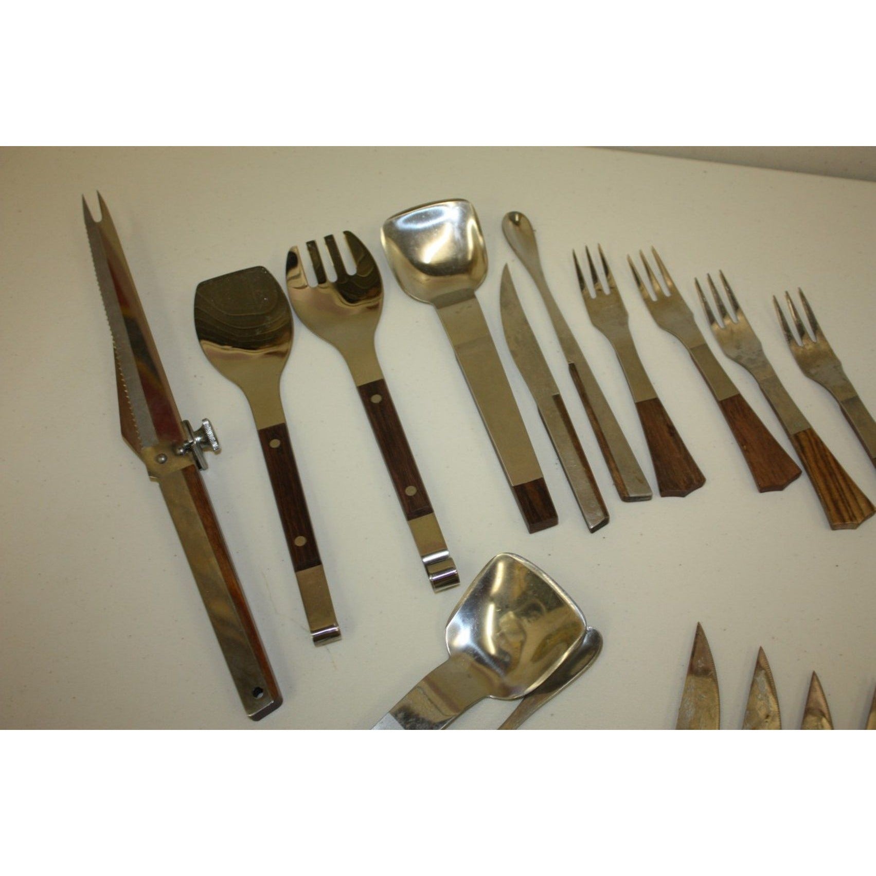 Lot of Vintage MCM Stainless Steel Barware and Serving Utensils, Wooden Handles