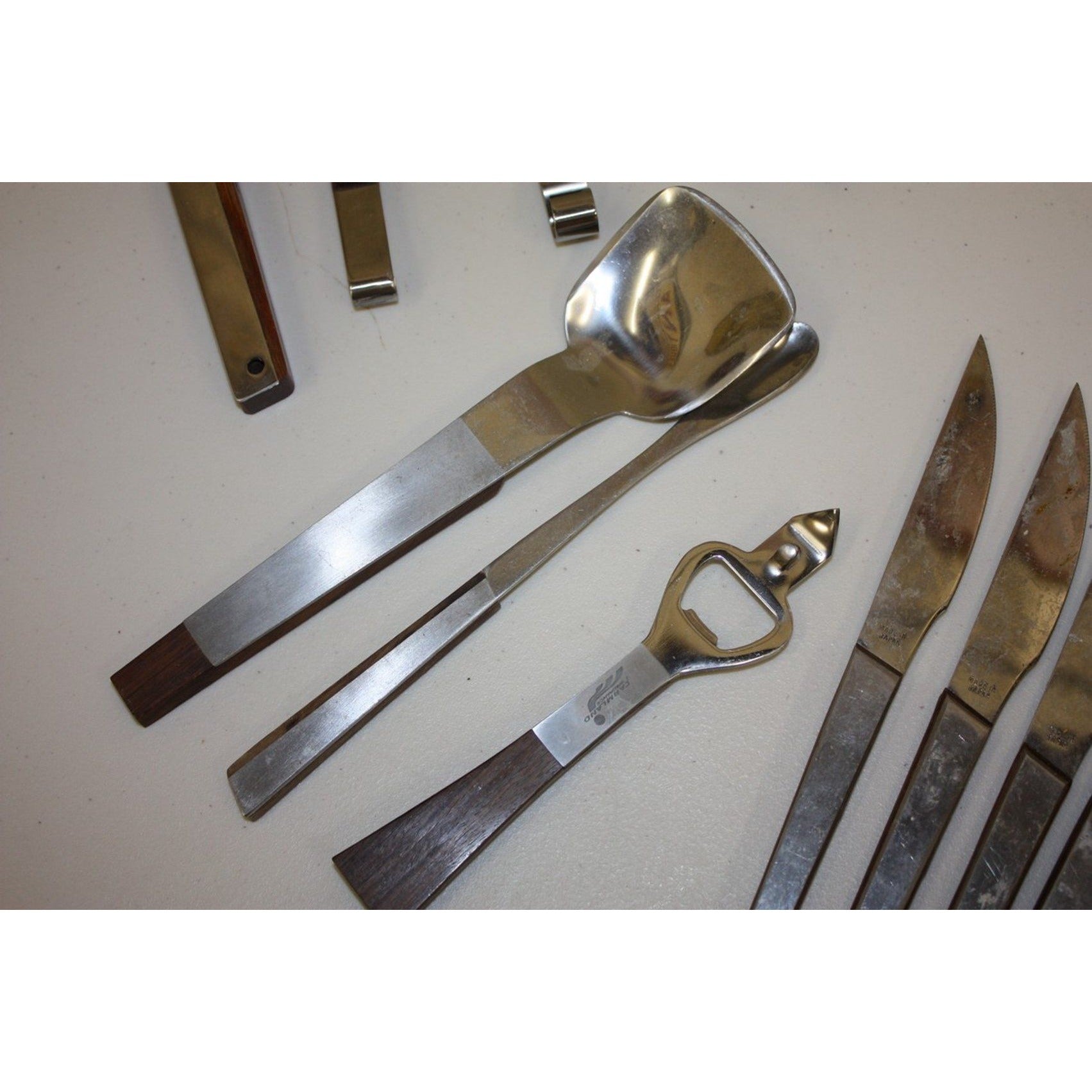Lot of Vintage MCM Stainless Steel Barware and Serving Utensils, Wooden Handles