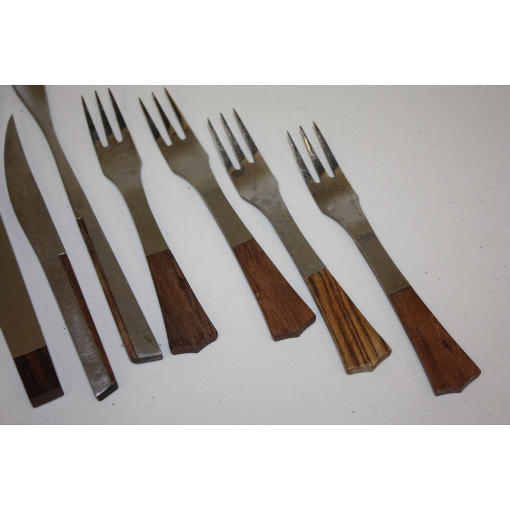 Lot of Vintage MCM Stainless Steel Barware and Serving Utensils, Wooden Handles