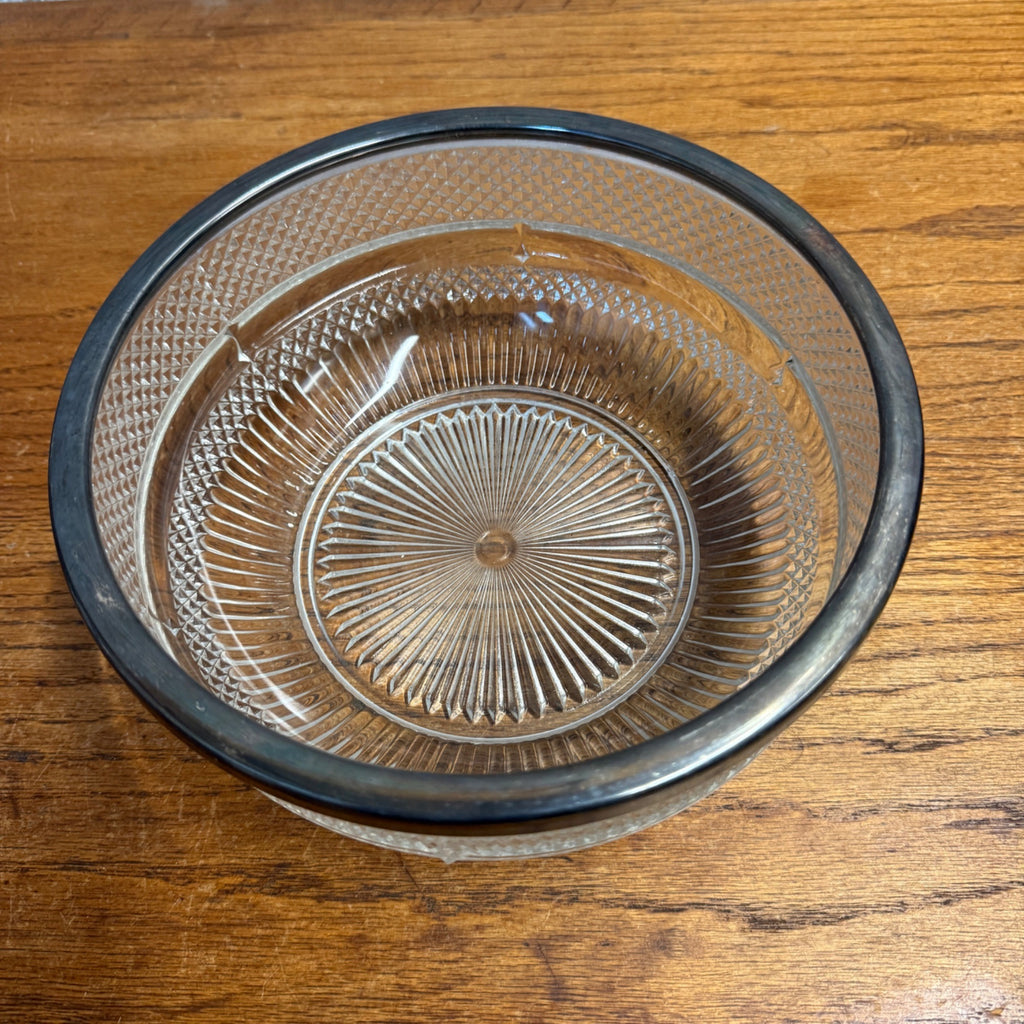Vintage Pressed Glass Serving Bowl With Diamond-Cut Starburst Pattern & Silverplate Rim Made in England