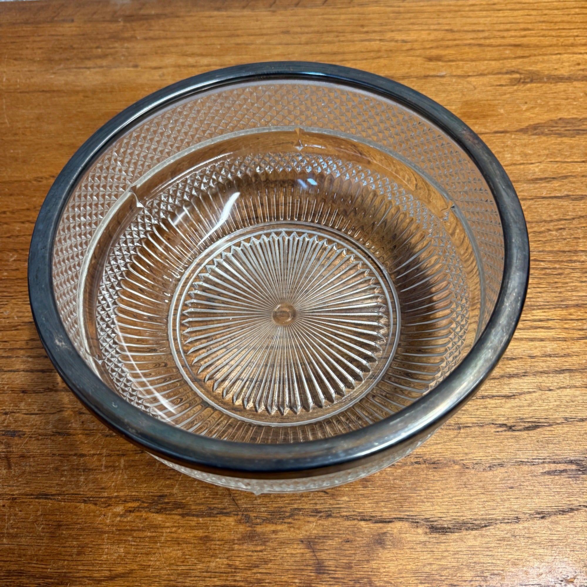 Vintage Pressed Glass Serving Bowl With Diamond-Cut Starburst Pattern & Silverplate Rim Made in England