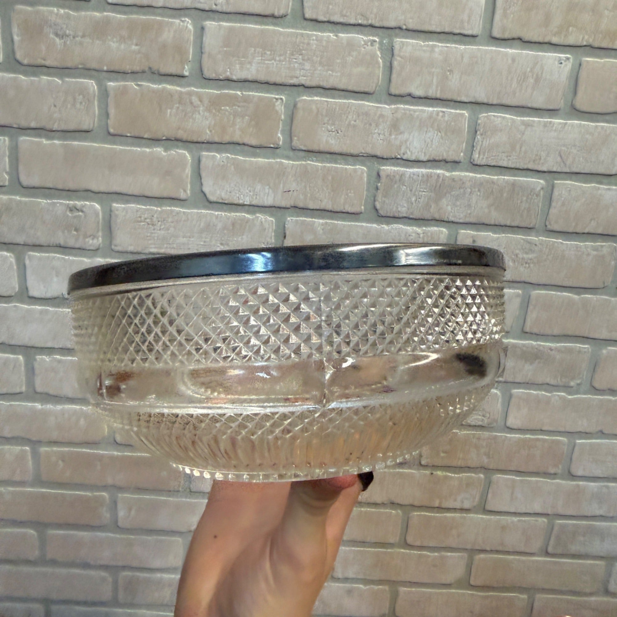 Vintage Pressed Glass Serving Bowl With Diamond-Cut Starburst Pattern & Silverplate Rim Made in England