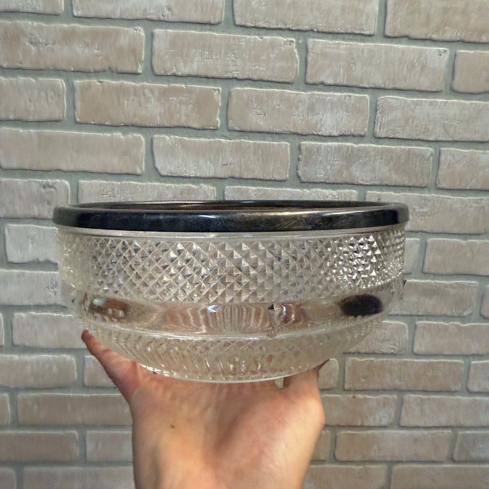 Vintage Pressed Glass Serving Bowl With Diamond-Cut Starburst Pattern & Silverplate Rim Made in England