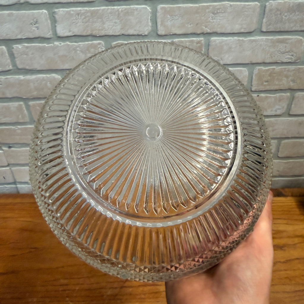 Vintage Pressed Glass Serving Bowl With Diamond-Cut Starburst Pattern & Silverplate Rim Made in England