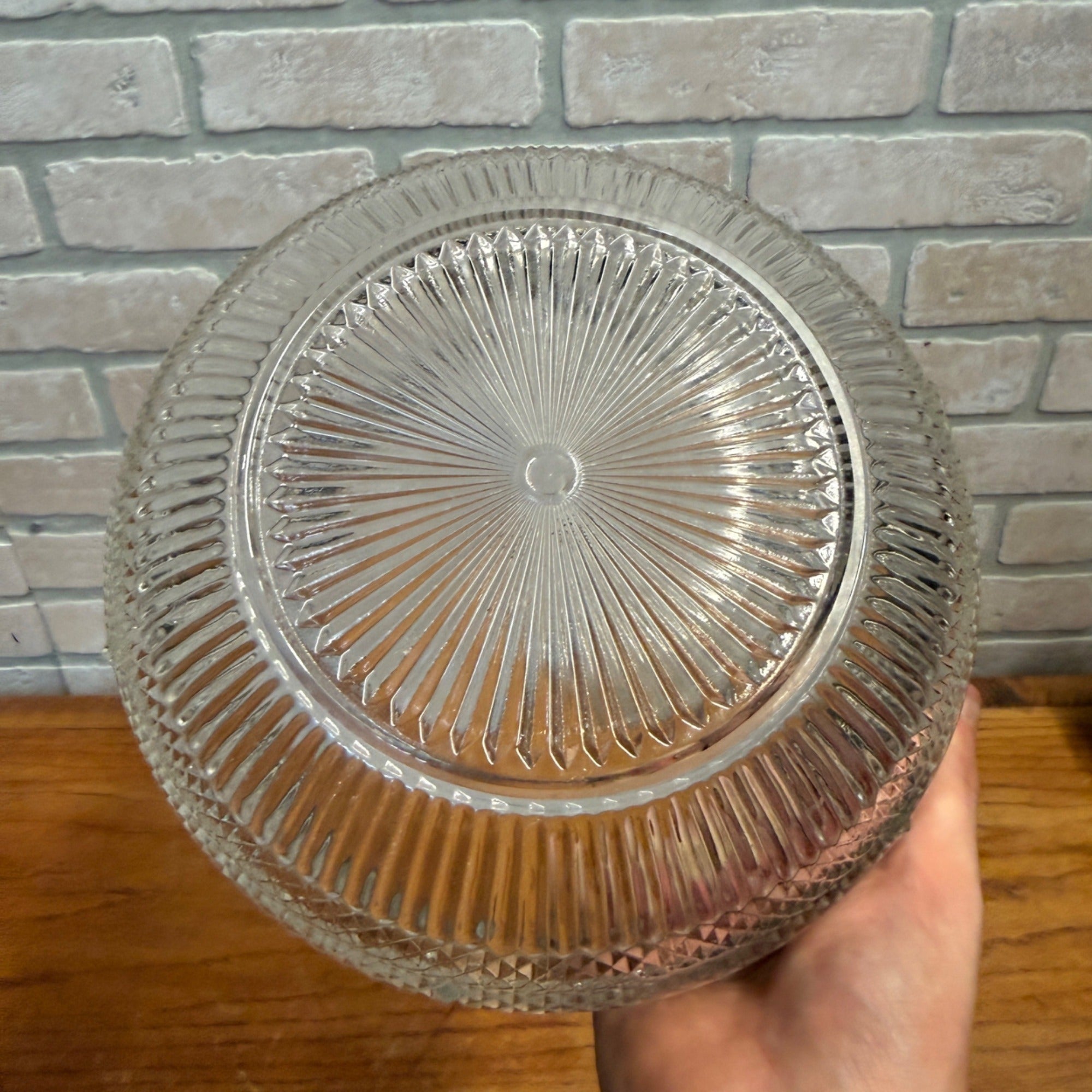 Vintage Pressed Glass Serving Bowl With Diamond-Cut Starburst Pattern & Silverplate Rim Made in England