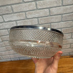 Vintage Pressed Glass Serving Bowl With Diamond-Cut Starburst Pattern & Silverplate Rim Made in England