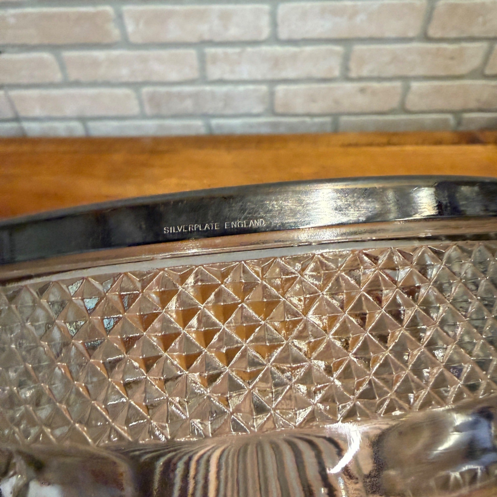Vintage Pressed Glass Serving Bowl With Diamond-Cut Starburst Pattern & Silverplate Rim Made in England