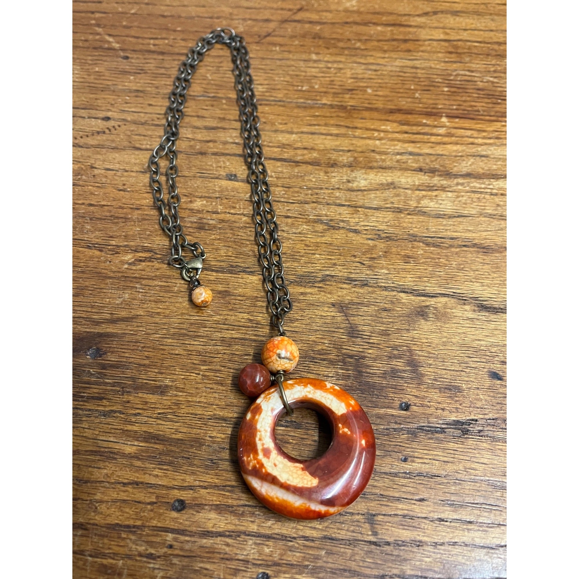 Vintage Carnelian Red Donut Pendant Necklace Adjustable