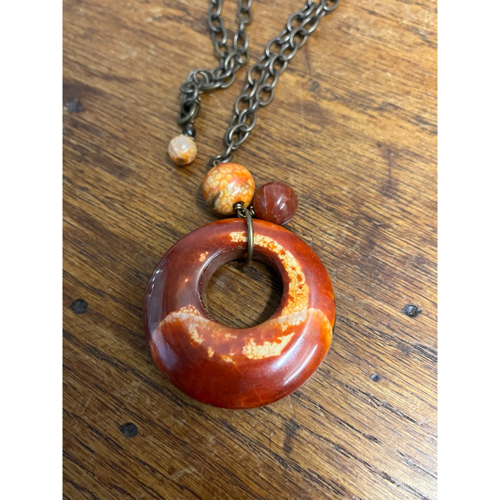 Vintage Carnelian Red Donut Pendant Necklace Adjustable