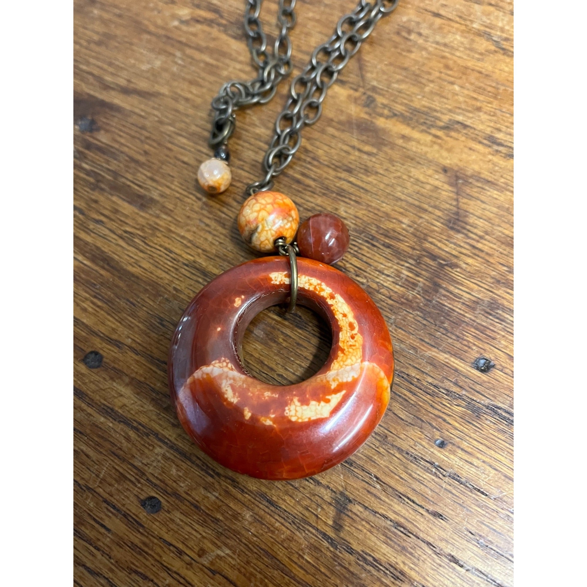 Vintage Carnelian Red Donut Pendant Necklace Adjustable