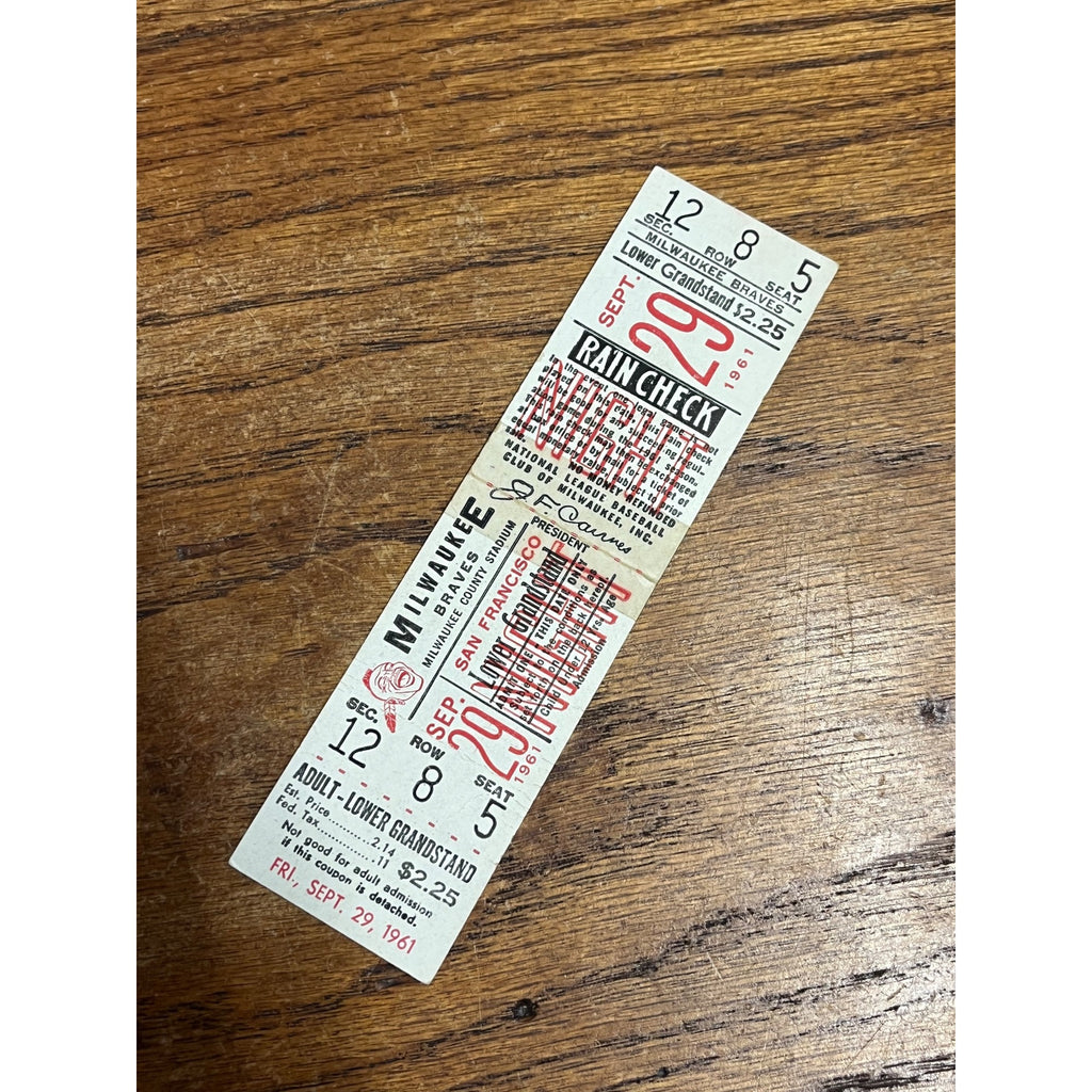 1961 Sept 29 Milwaukee Braves vs Giants Ticket Spahn Win #309 Mathews HR #370